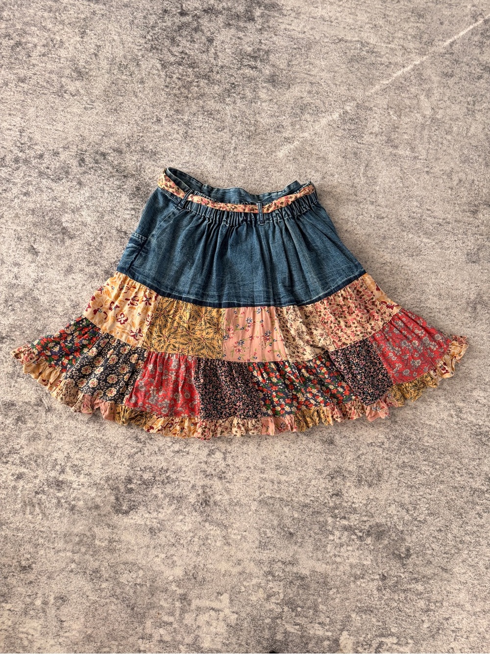 Boho Tiered Patchwork Denim and Floral Midi Skirt - Blue Multi